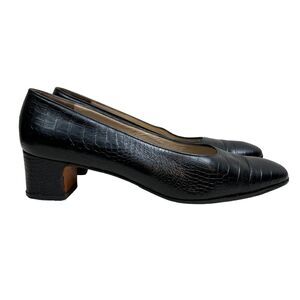 Salvatore Ferragamo Pump Black Croc Leather Low Block Heel Women Size 7.5 2A‎